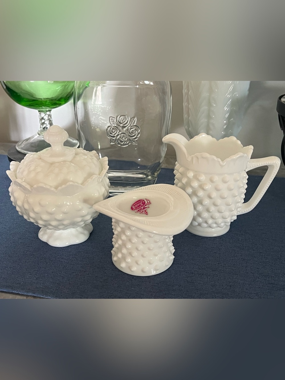 3 Piece Set -  Milk Glass Hobnail Creamer & Sugar With Tooth Pic Holder Top Hat